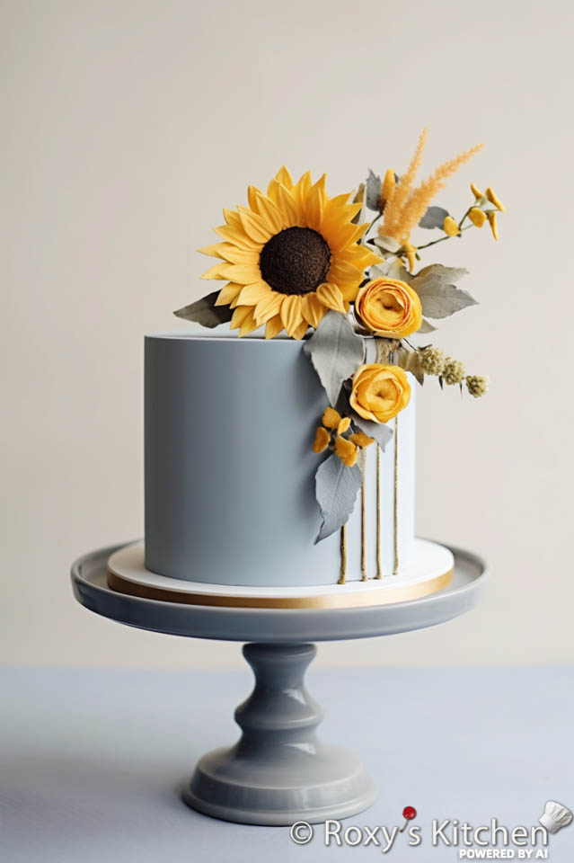 One-Tier Dusty Blue Cakes with Vibrant Sunflowers