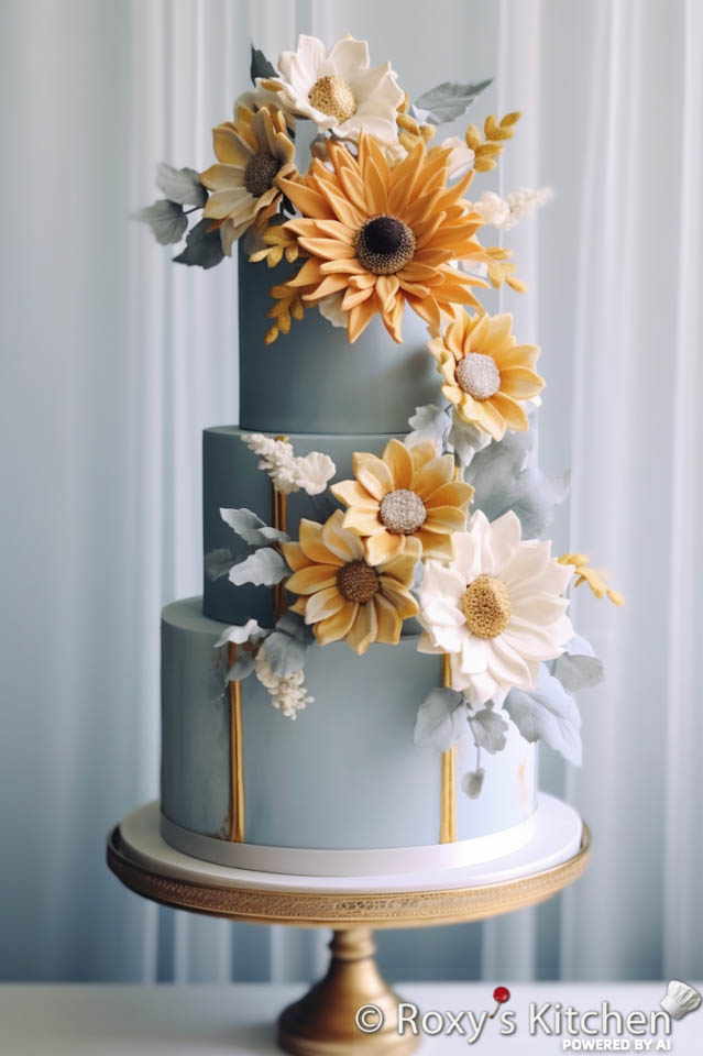 Three-Tier Dusty Blue Cake with Vibrant Sunflowers