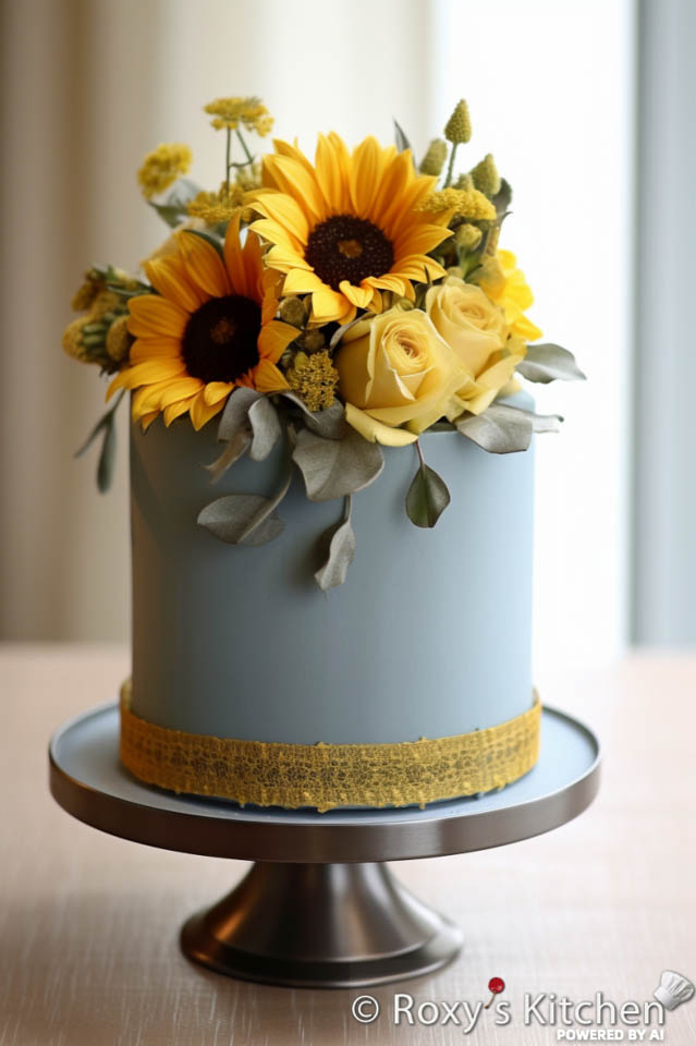 One-Tier Dusty Blue Cake with Vibrant Sunflowers