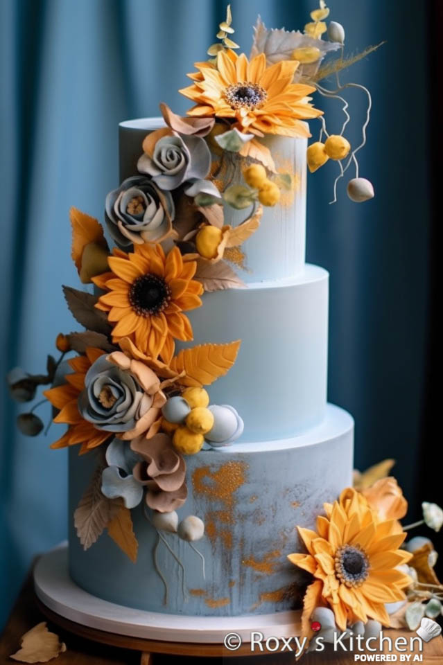Three-Tier Dusty Blue Cake with Vibrant Sunflowers