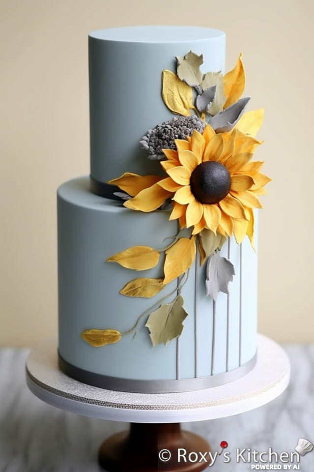 Two-Tier Dusty Blue Cakes with Vibrant Sunflowers