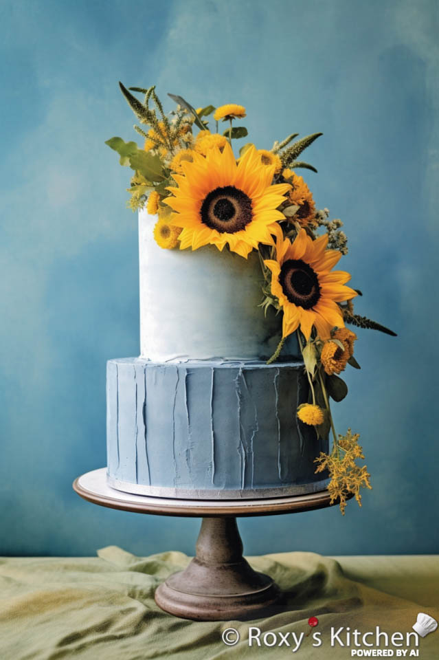 Two-Tier Dusty Blue Cakes with Vibrant Sunflowers