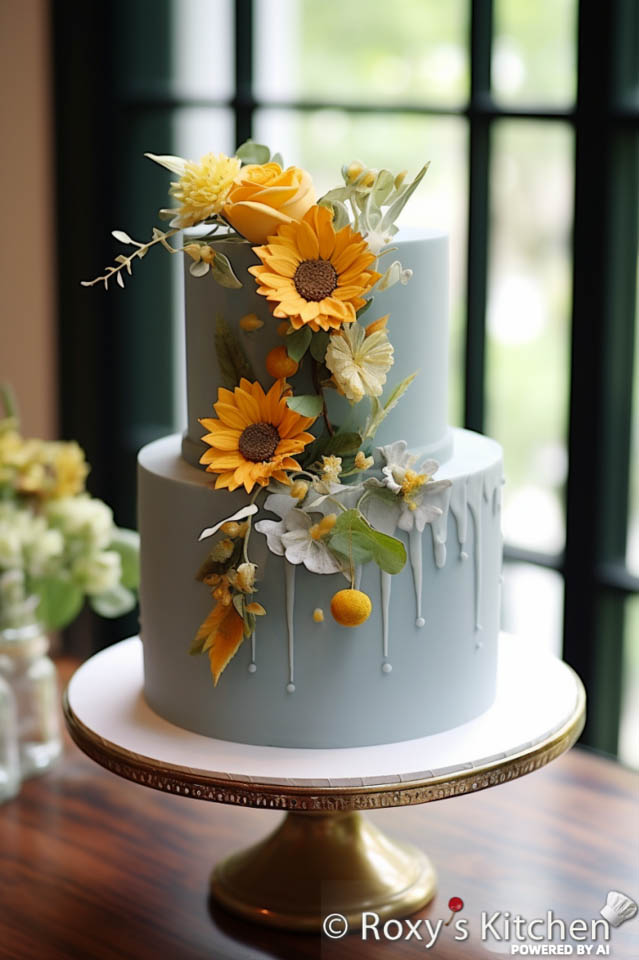 Two-Tier Dusty Blue Cake with Vibrant Sunflowers