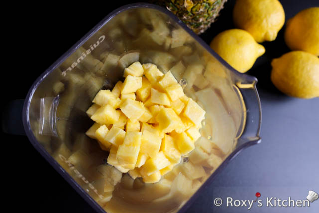 In a blender, puree the chopped pineapple until smooth. I