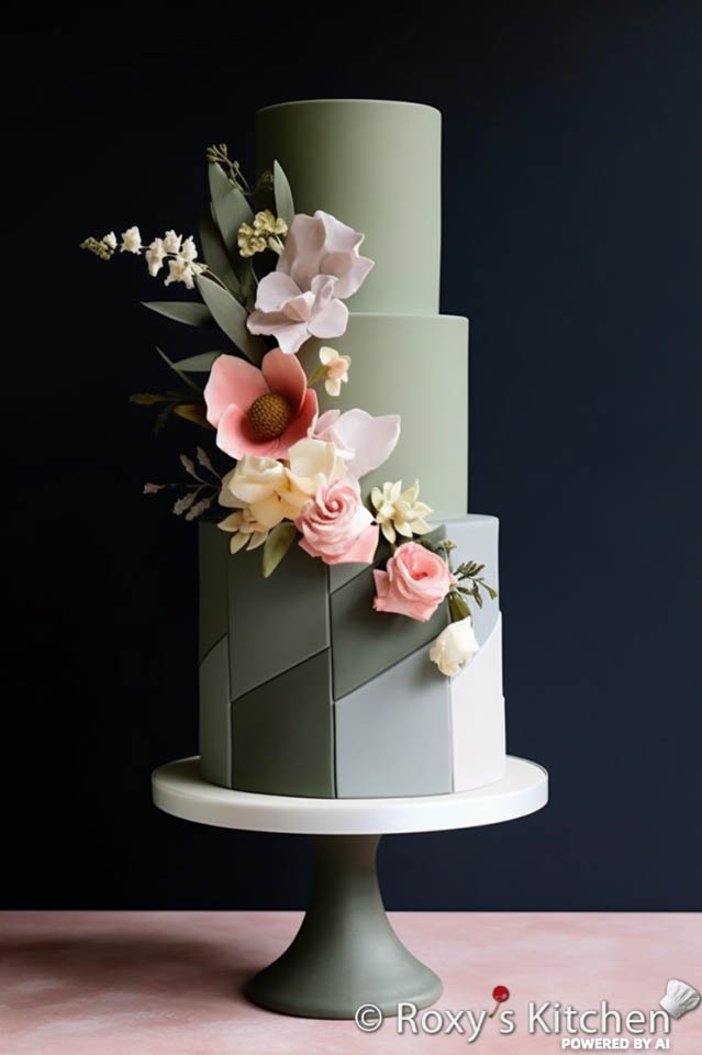 Sage Green & Blush 3-Tier  Wedding Cake with Geometric Shapes & Clean Lines