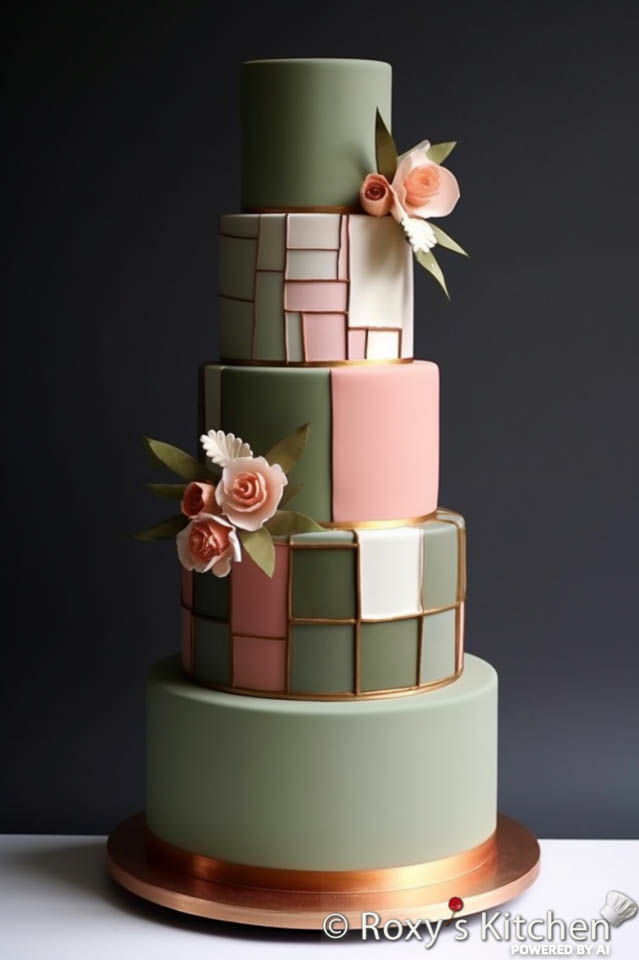 Sage Green & Blush 5-Tier  Wedding Cake with Geometric Shapes & Clean Lines