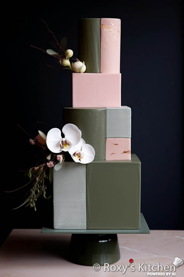 Sage Green & Blush 4-Tier  Wedding Cake with Geometric Shapes & Clean Lines