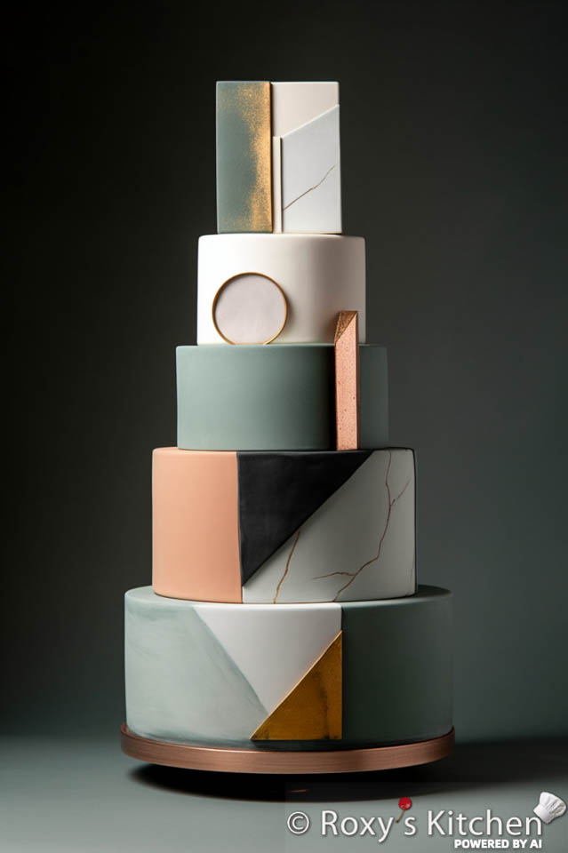 Sage Green & Blush 5-Tier  Wedding Cake with Geometric Shapes & Clean Lines