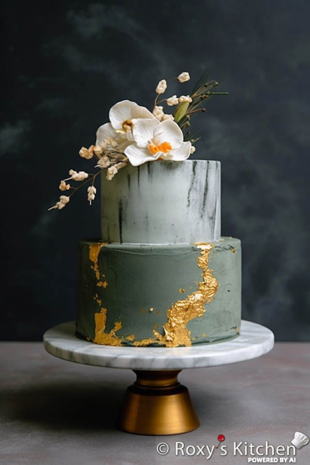 Sage Green, Blush & Gold 2-Tier  Wedding Cake with Flowers & Ombre / Watercolour Effect