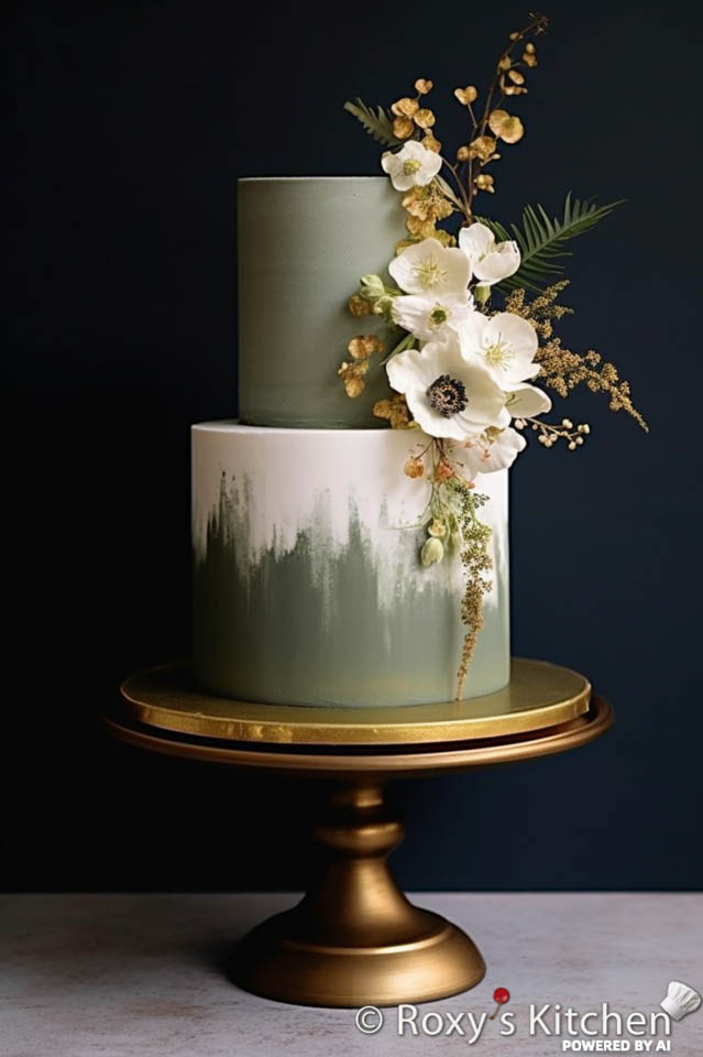 Sage Green and Blush 2-Tier  Wedding Cake with Flowers & Ombre / Watercolour Effect