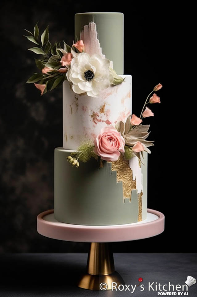 Sage Green and Blush 3-Tier  Wedding Cake with Flowers & Ombre / Watercolour Effect