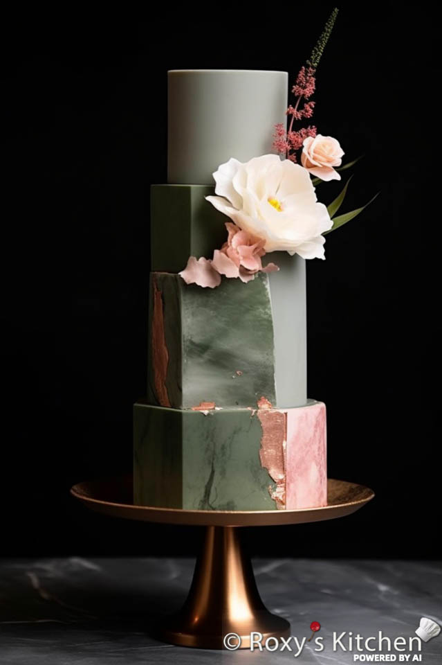 Sage Green & Blush 4-Tier  Wedding Cake with Flowers & Ombre / Watercolour Effect