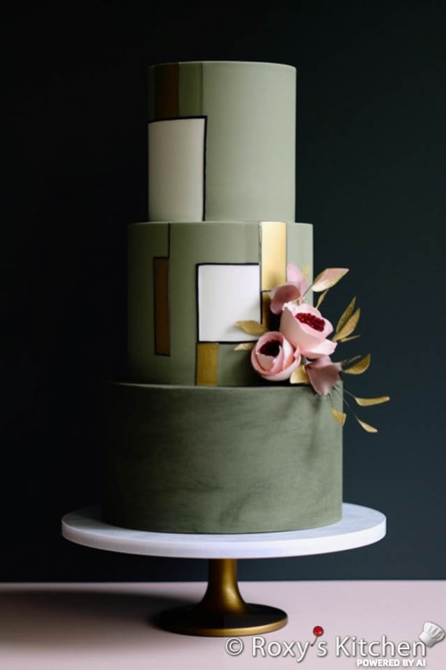 Sage Green & Blush 3-Tier  Wedding Cake with Geometric Shapes & Clean Lines