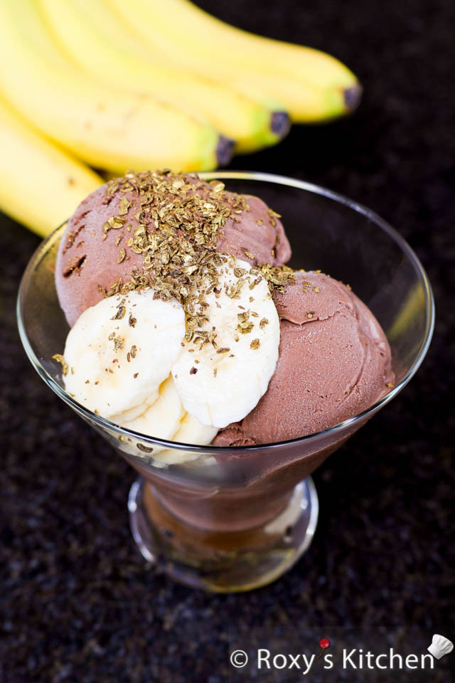 Chocolate Banana Ice Cream topped with golden shredded chocolate 