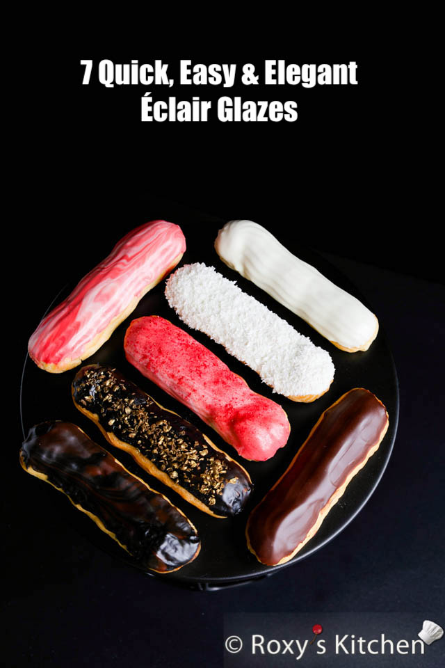 7 Quick, Easy & Elegant Éclair Glazes - In this post I’ll show you seven quick, easy & elegant éclair glazes. I’m using a basic chocolate ganache as the base, which is made with just two ingredients. Then, oil-based food colouring and various toppings (coconut, golden chocolate, raspberry powder) are used to make five out of the seven different glazes. 