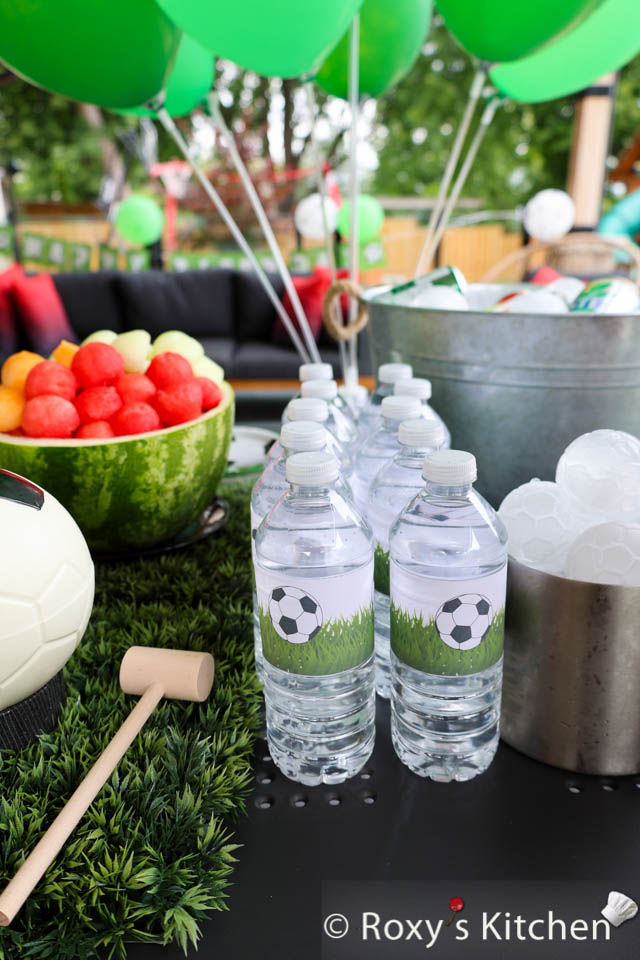 Soccer-Themed Birthday Party Water Bottles with Soccer Labels