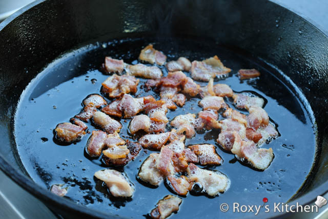 Cut the bacon into smaller pieces and cook it in the skillet until crispy. 