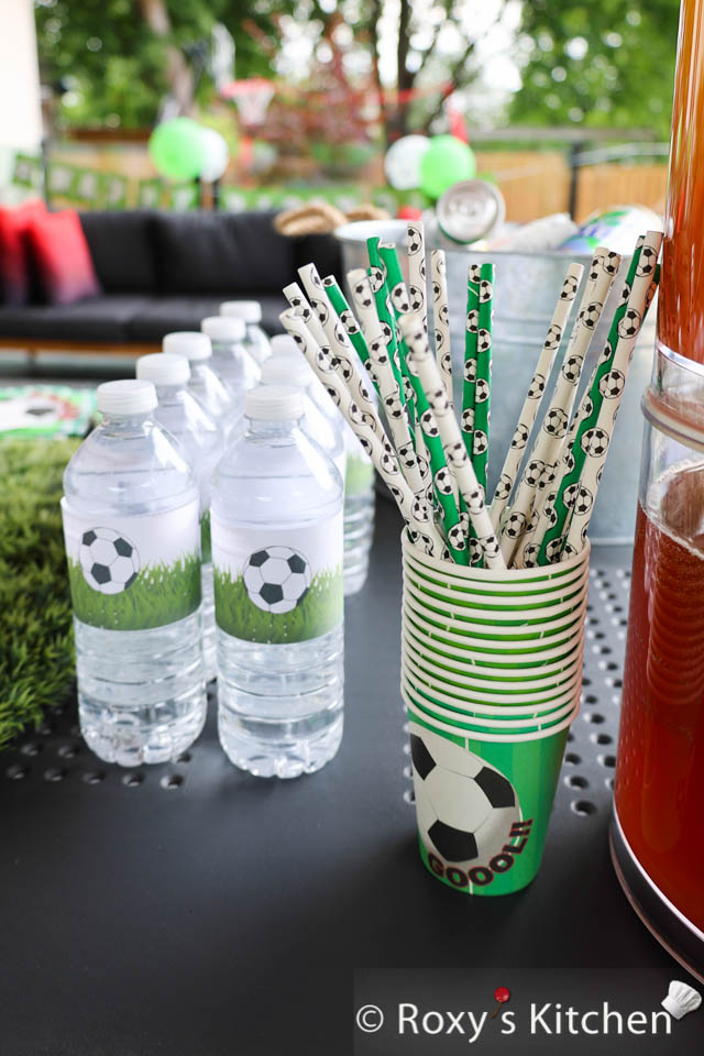 Soccer-themed straws, cups, water labels