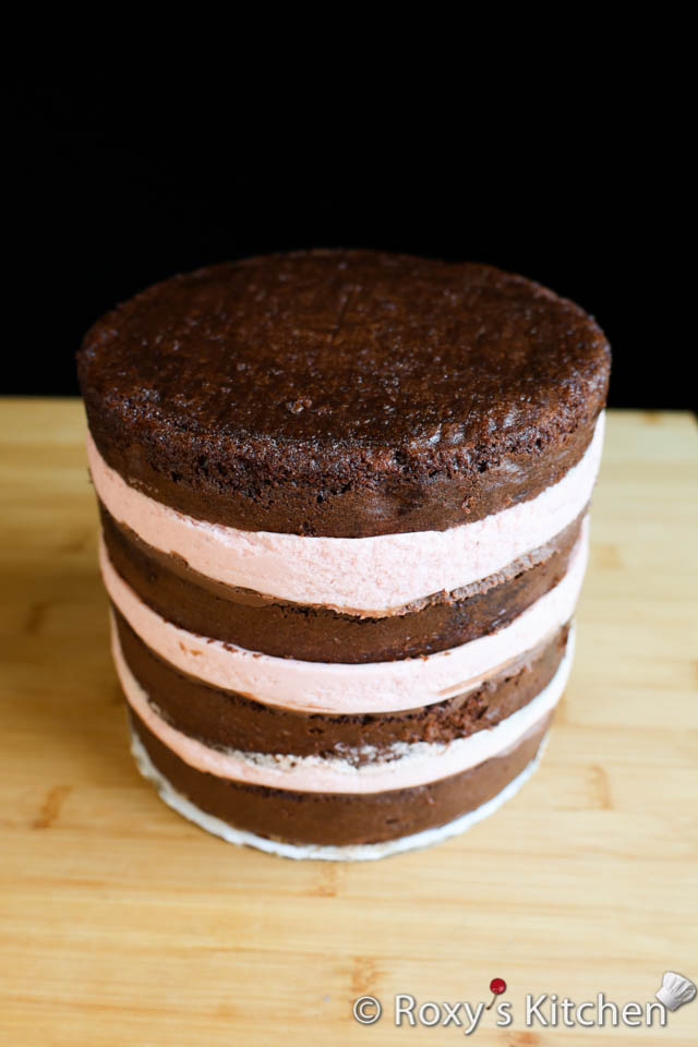 Chocolate cake filled with chocolate ganache and strawberry mousse 