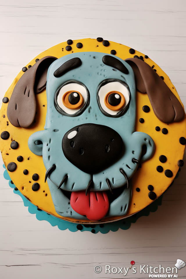 One-tier dog face cake / simple design for a dog-themed birthday party