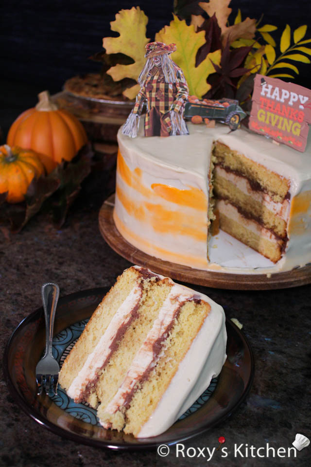 Our Non-Traditional Thanksgiving Cake in fall colours - Vanilla cake filled with chocolate ganache & a delicate mascarpone mousse. 