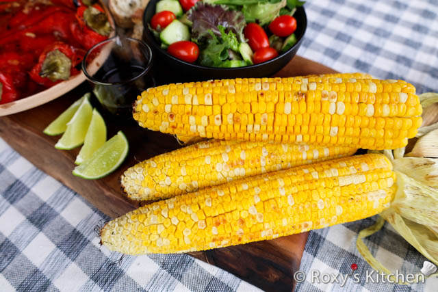 Grilled Corn: Grill with shacks on, pull them back and place on grill to char the corn on high heat