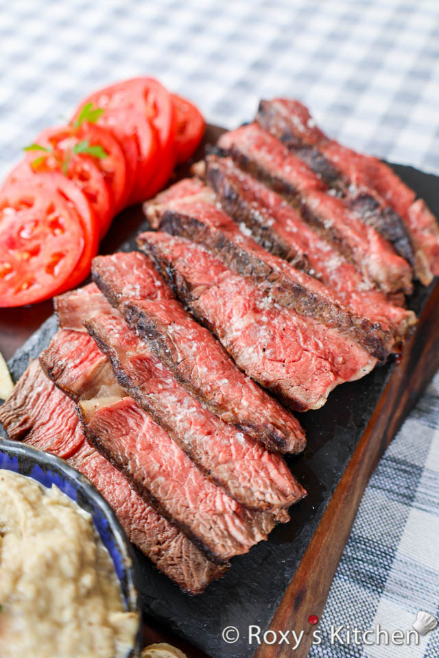 Grilled steak on a food board