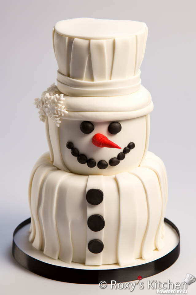 Cute fondant-covered snowman cake.