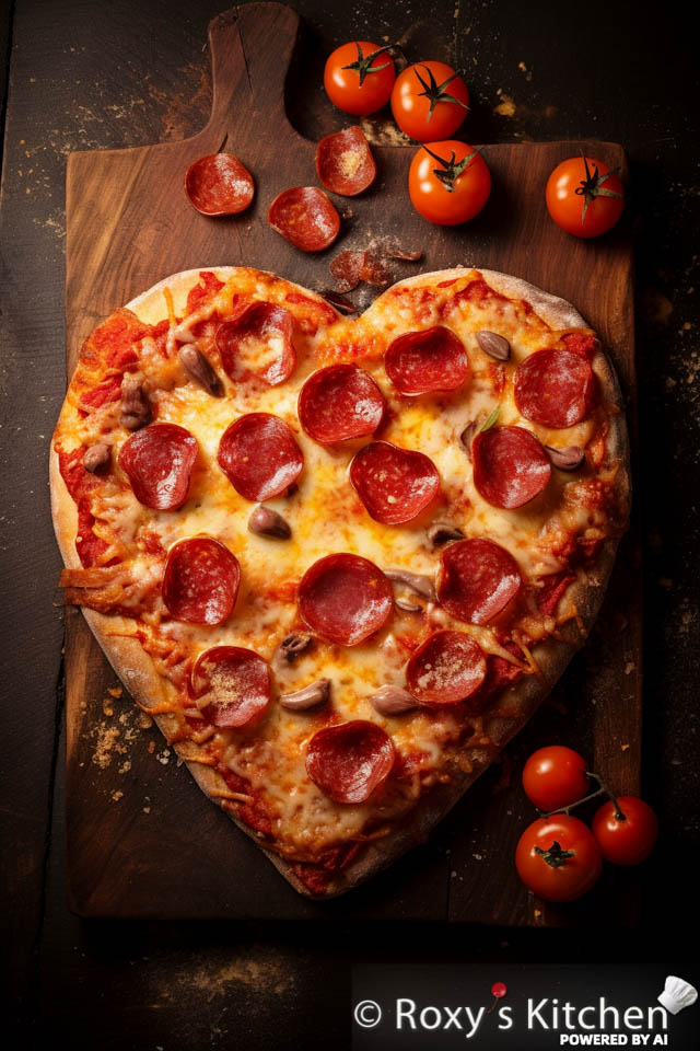 10+ Valentine's Day Easy & Creative Food Boards - A Heart-Shaped Pepperoni & Cheese Pizza with a Touch of Hearty Mushrooms