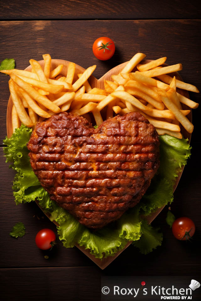 10+ Valentine's Day Easy & Creative Food Boards - Hamburger Pattie Shaped Like a Heart + Delicious Fries - Who Doesn't Love this Combo?