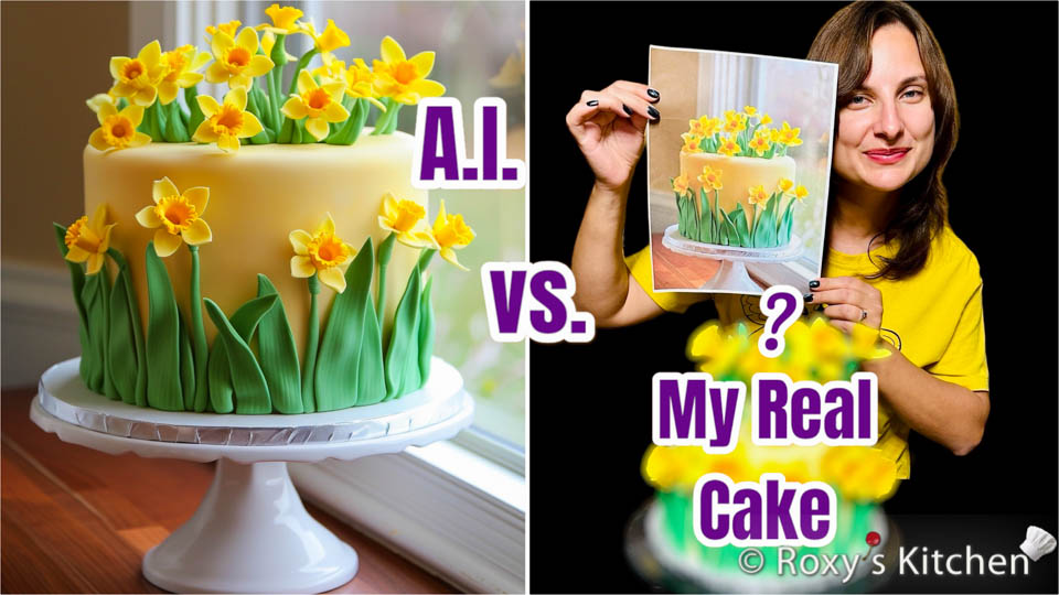 Cake with Daffodils  - Can I Recreate this Cake Designed with an Artificial Intelligence application (AI app)? So, how did I do? What do you think? Is it close enough to the original design?
