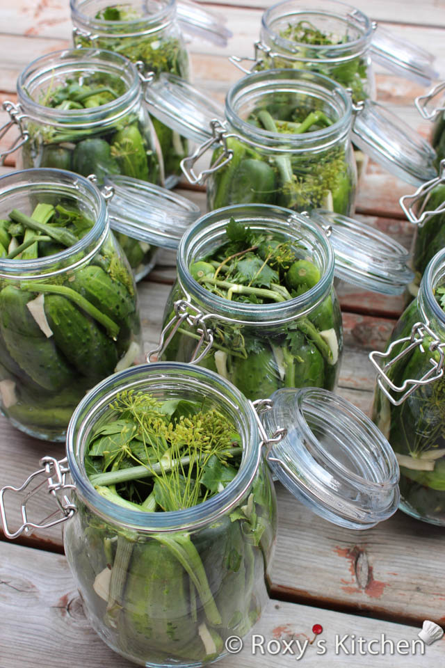 In each sterilized jar, add a few slices of carrot, a few slices of onions, several garlic halves, and a generous amount of dill stems and flowers.

Pack the cucumbers tightly into the jars, leaving about 1 inch of headspace at the top. Make sure the cucumbers are packed snugly but not so tight that they might break.