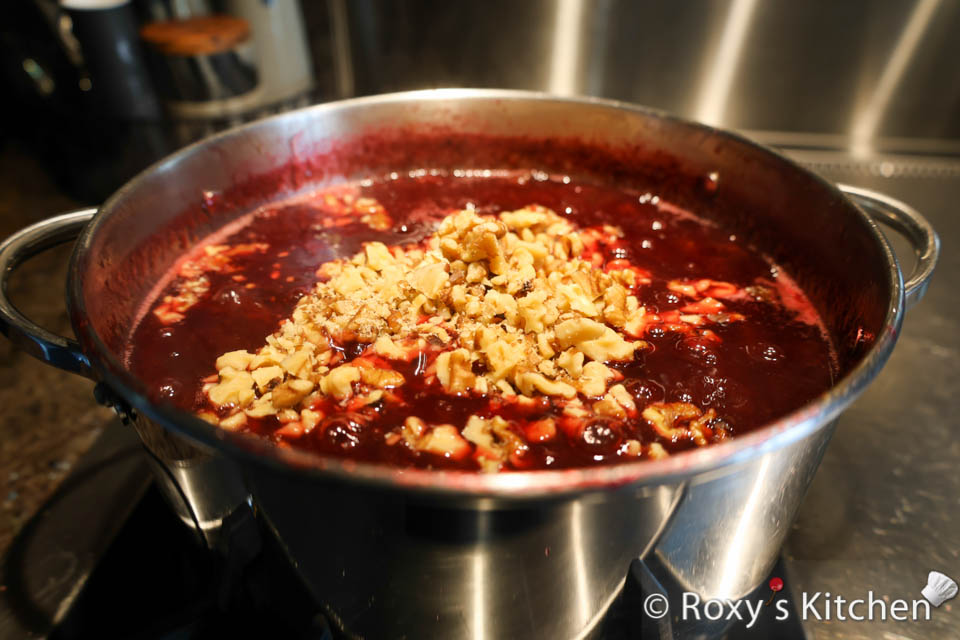 About 10 minutes after adding the sugar, add your roughly-chopped walnuts. This will give your jam a wonderful texture and flavour! You can skip this step if you just want plain plum jam. 