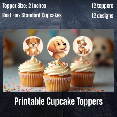 Printable Cute Puppy Cupcake Toppers (2 inches) - 12 Designs