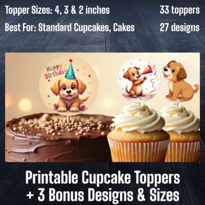 Printable Puppy Cupcake Toppers (2'') - 24 Designs + 3 BONUS Designs & Sizes!