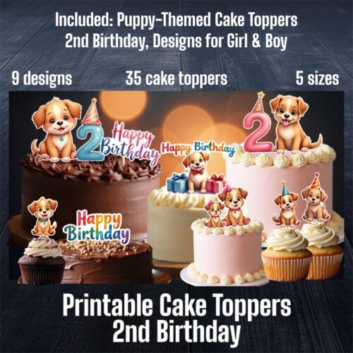 Puppy Cake Toppers - 2nd Birthday Package - 35 toppers, 9 designs, 5 sizes