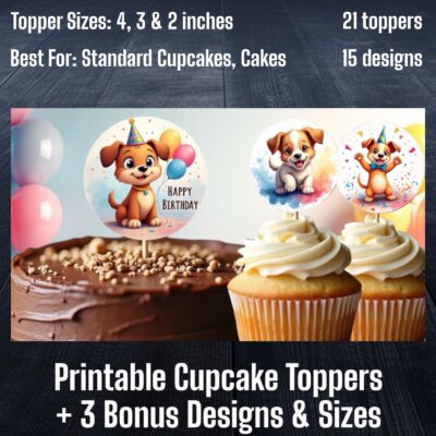 Puppy Cupcake Toppers (2'') Watercolour Collection - 12 Designs + BONUS!