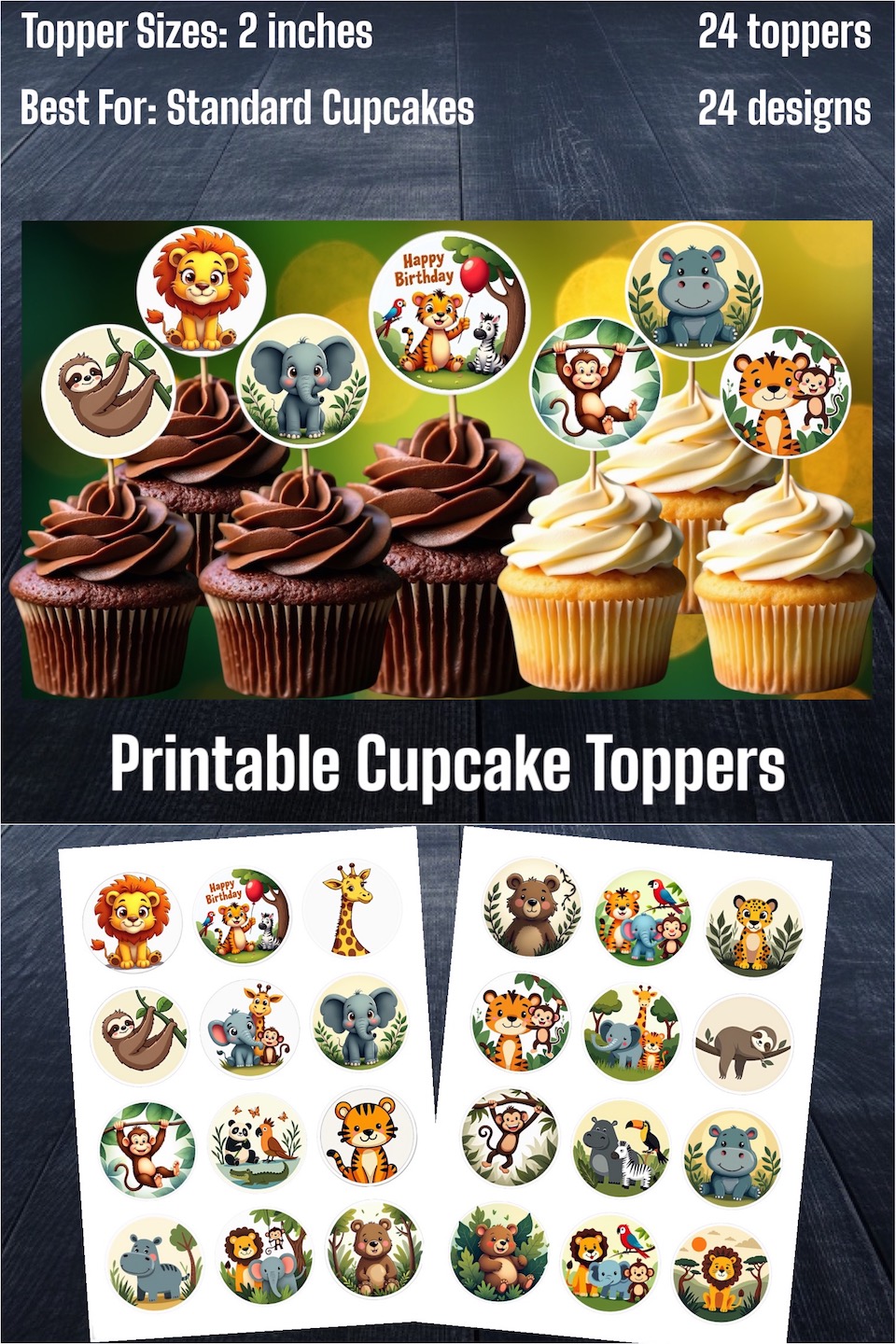 Printable Jungle/Safari Cupcake Toppers (2'') - 24 Designs