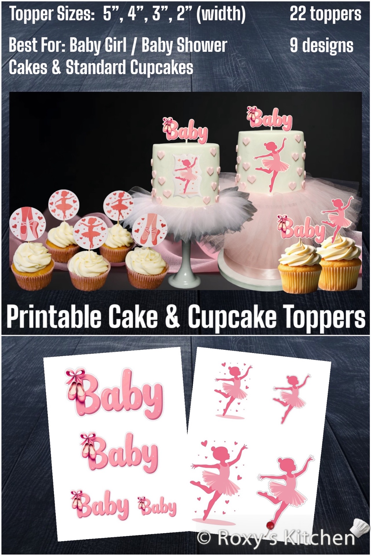 Printable Ballerina Cake & Cupcake Toppers - Baby Girl / Baby Shower Package