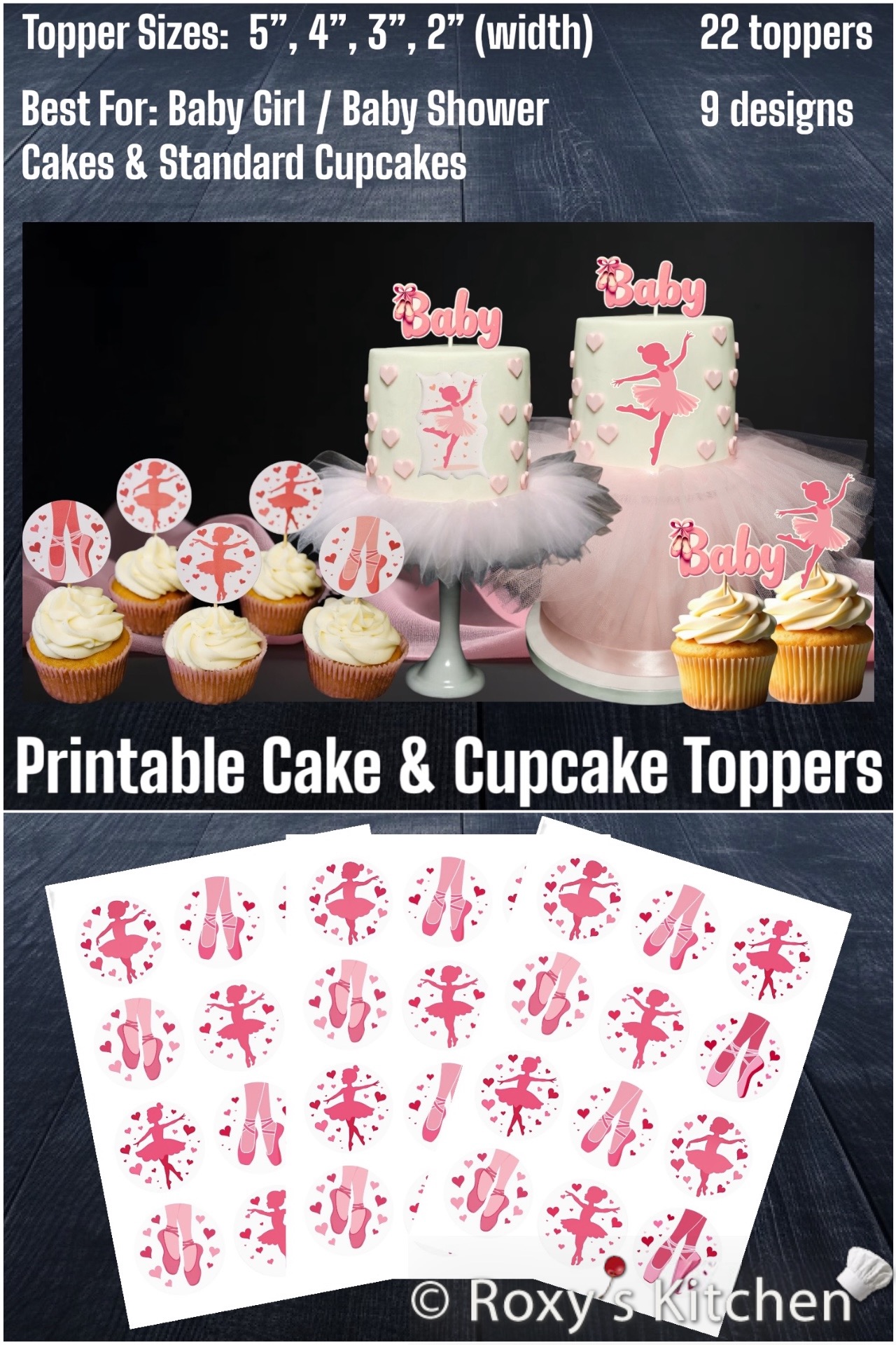 Printable Ballerina Cake & Cupcake Toppers - Baby Girl / Baby Shower Package