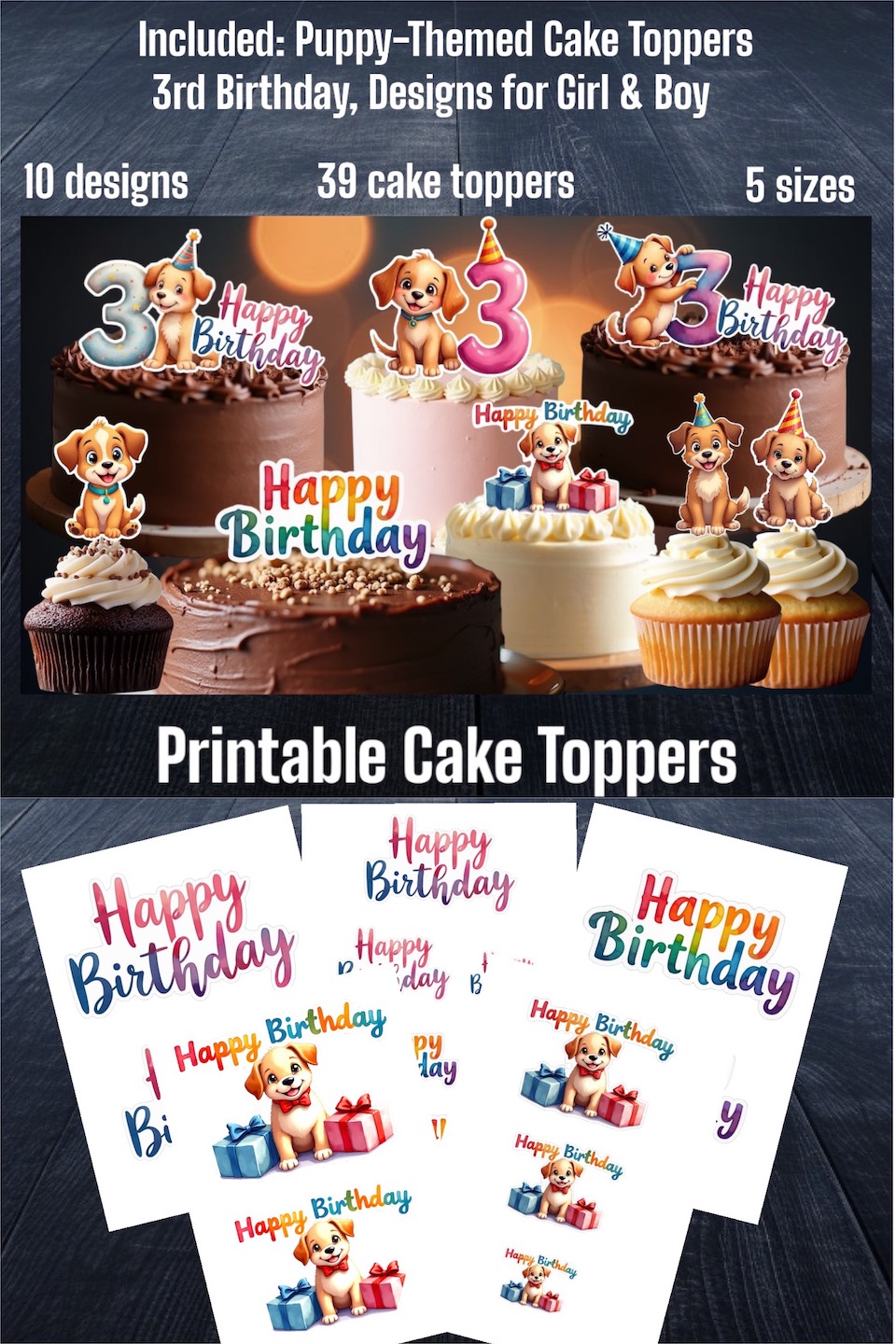 Printable Puppy Cake Toppers – 3rd Birthday Package