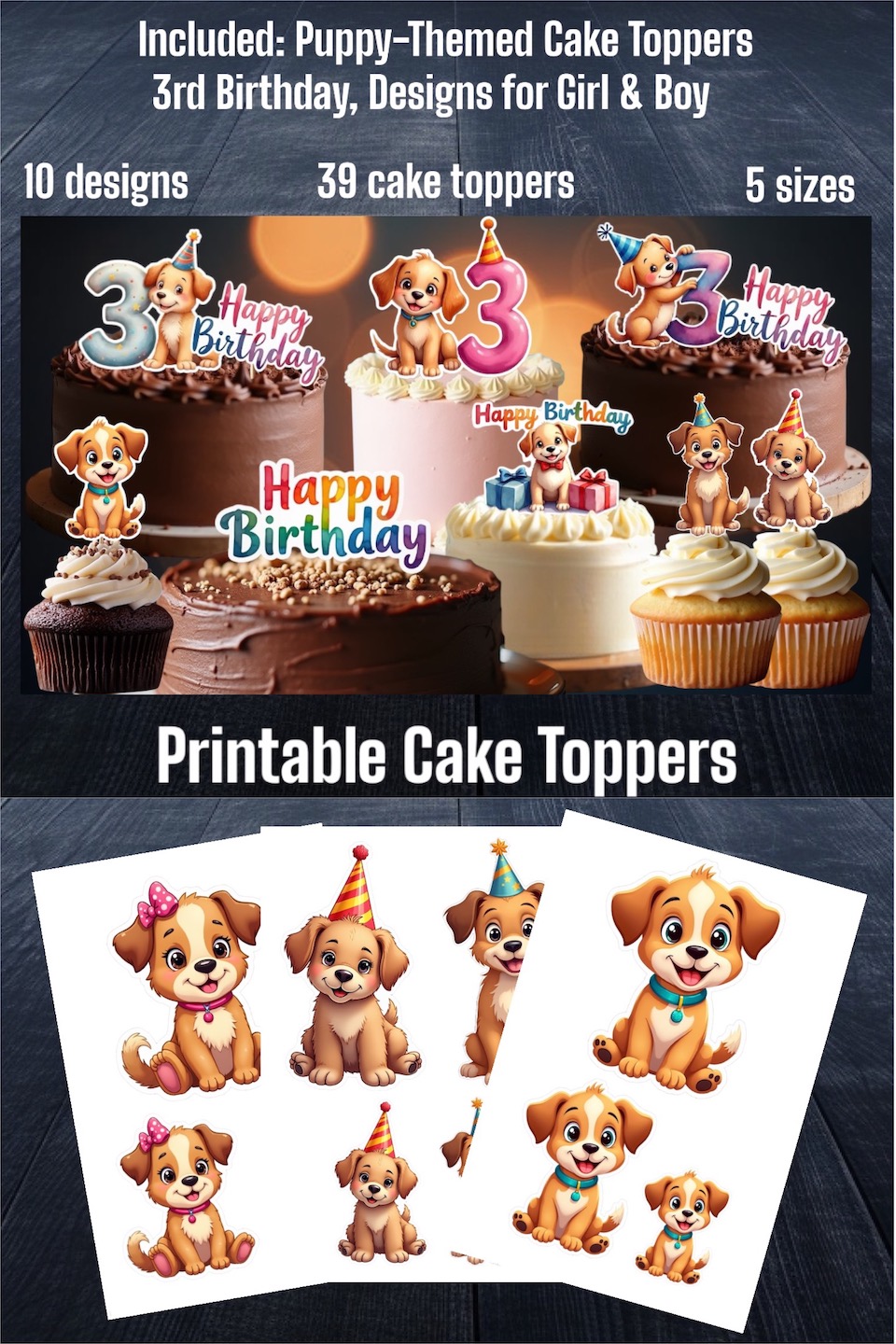 Printable Puppy Cake Toppers – 3rd Birthday Package