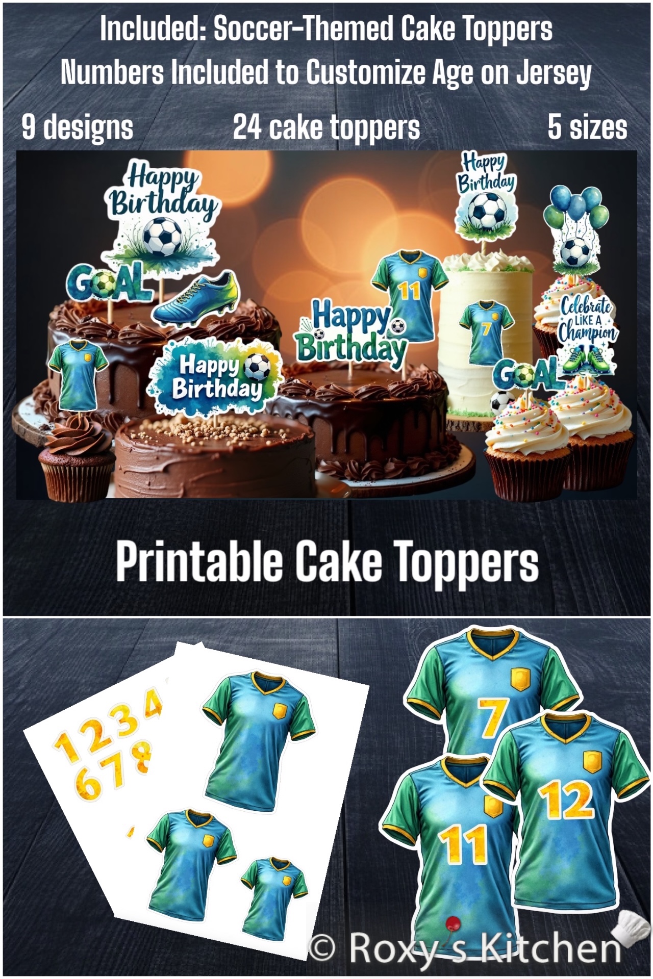 Soccer Cake Toppers Watercolour Collection - Customize Age on Jersey