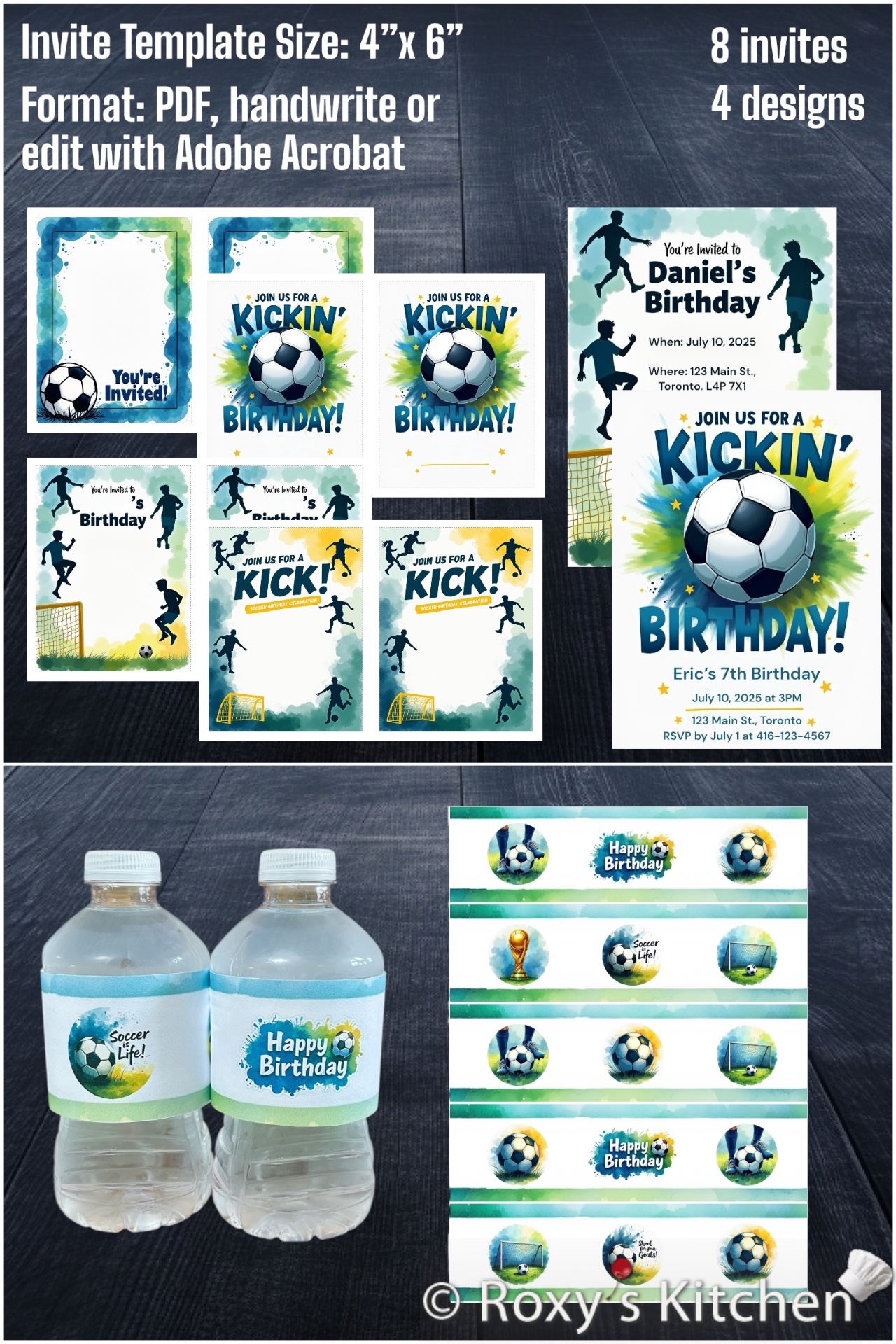 Soccer Party Package Printables - Birthday Invitations & Water Bottle Labels