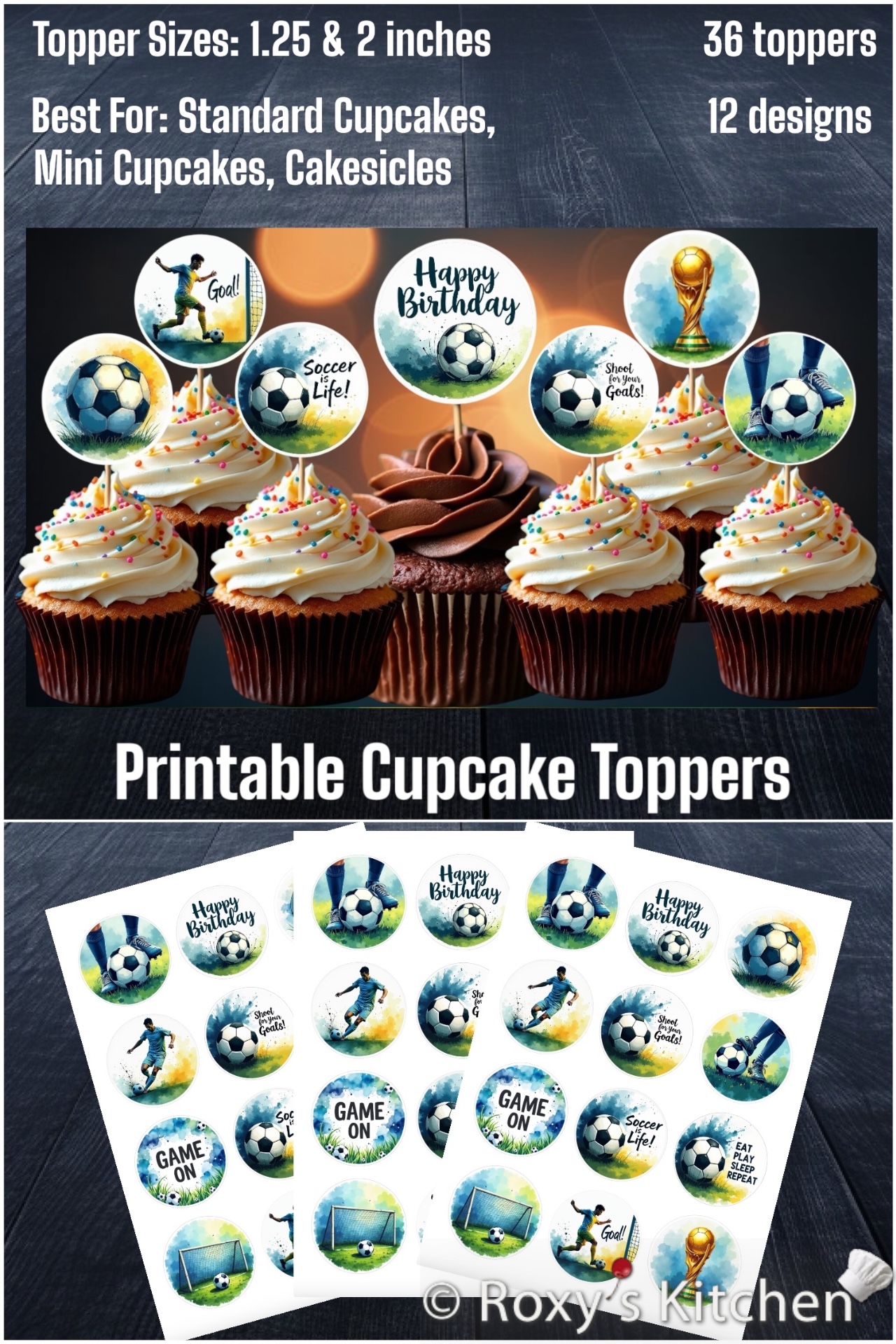 Soccer Party Package Printables - Cupcake Toppers (2'') Watercolour Collection 