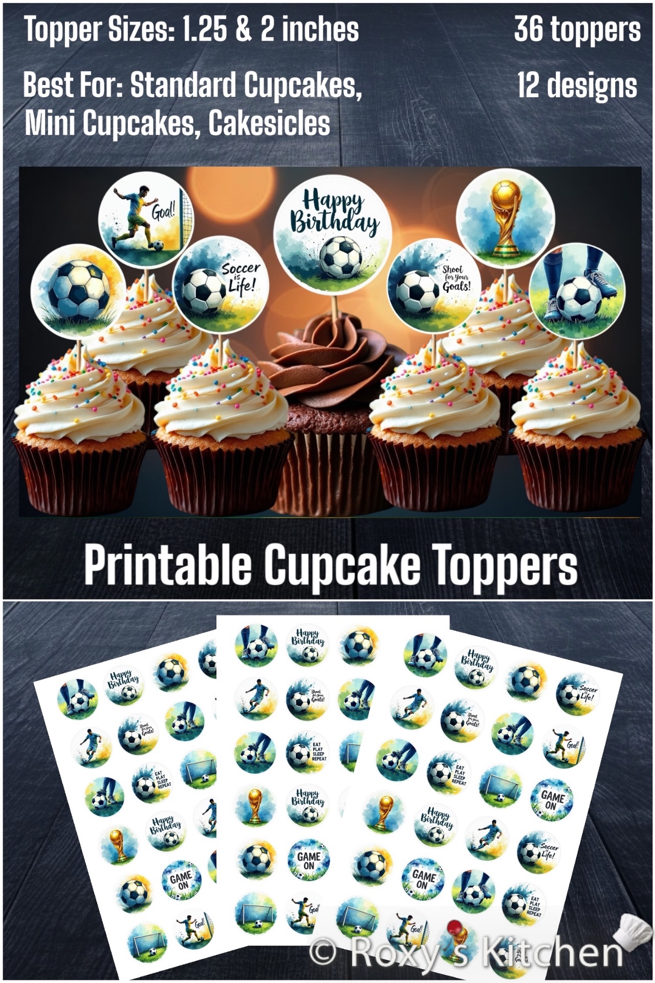 Soccer Party Package Printables - Cupcake Toppers (1.25'') Watercolour Collection 