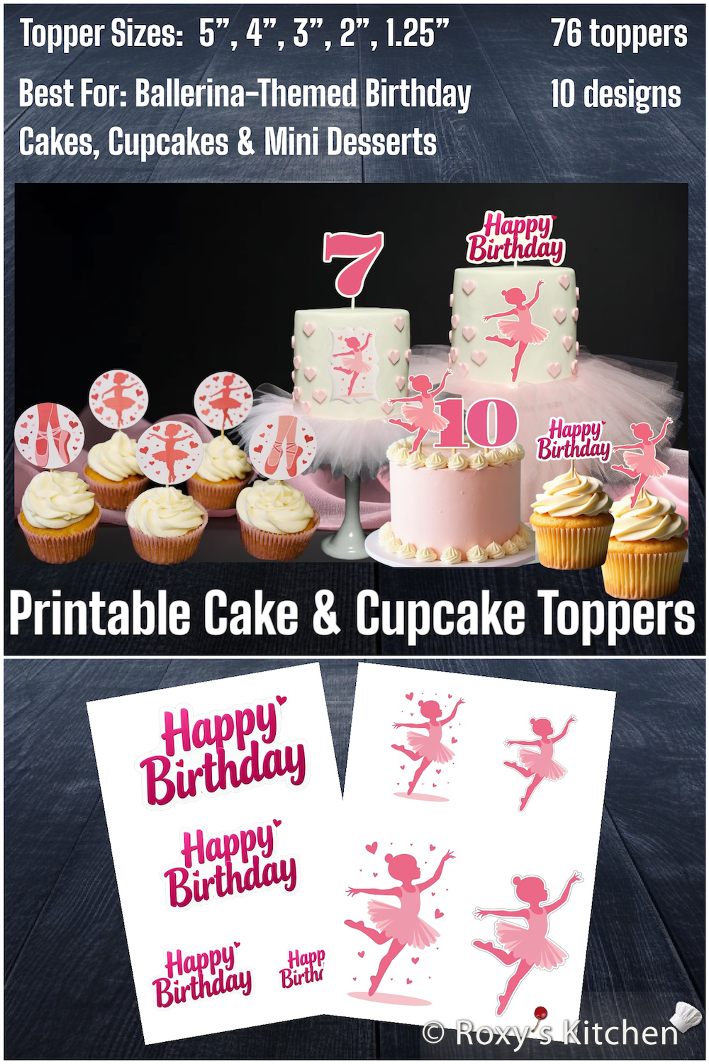 Printable Ballerina Cake & Cupcake Toppers - Ballerina & Happy Birthday Toppers