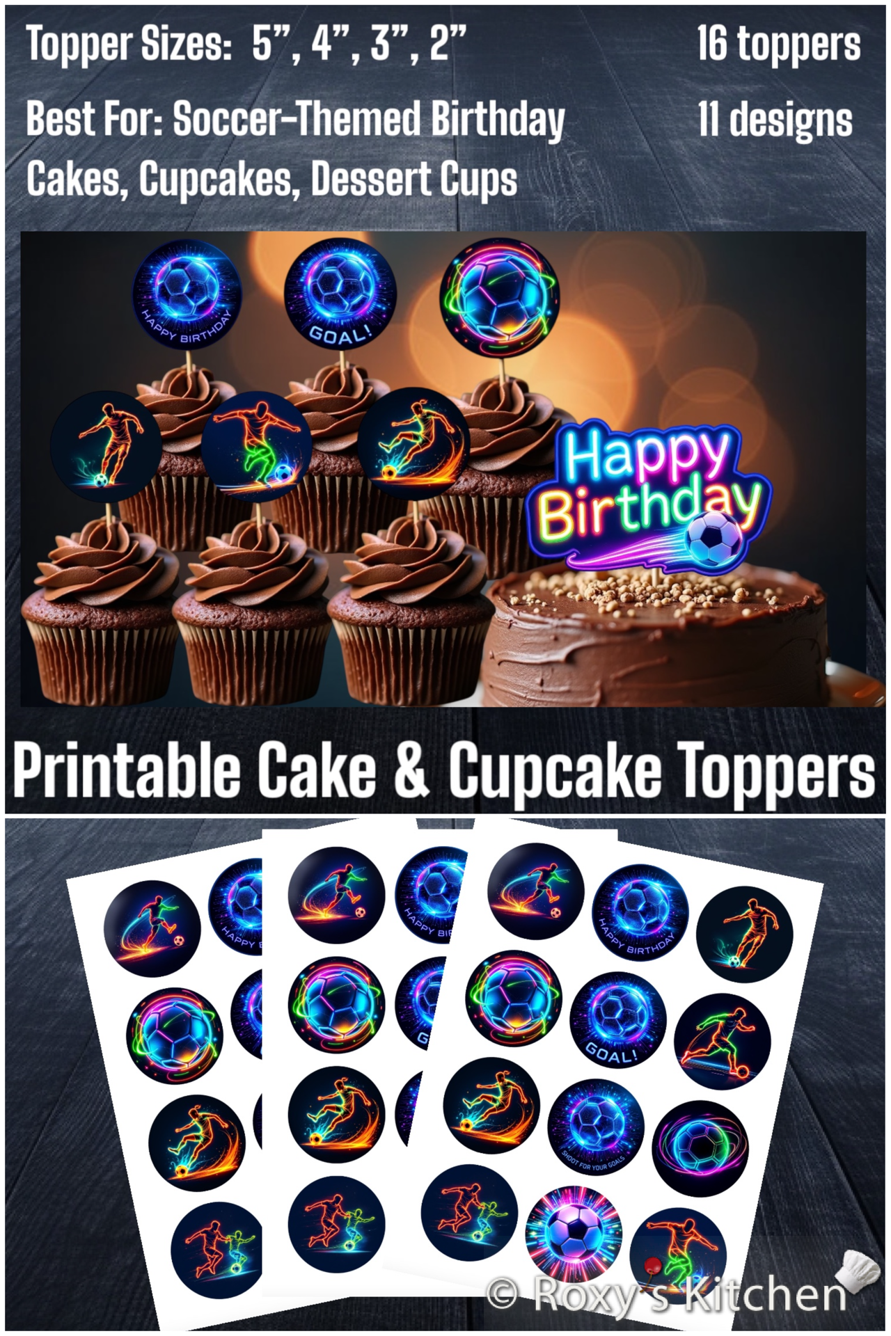 Soccer Cupcake Toppers (2'') Modern Neon Collection - 12 Designs + BONUS!