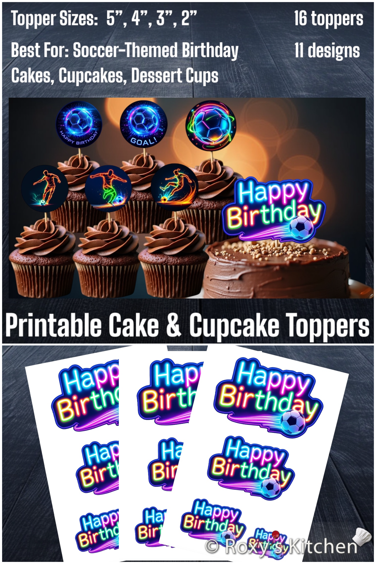 Soccer Cupcake Toppers (2'') Modern Neon Collection - 12 Designs + BONUS!