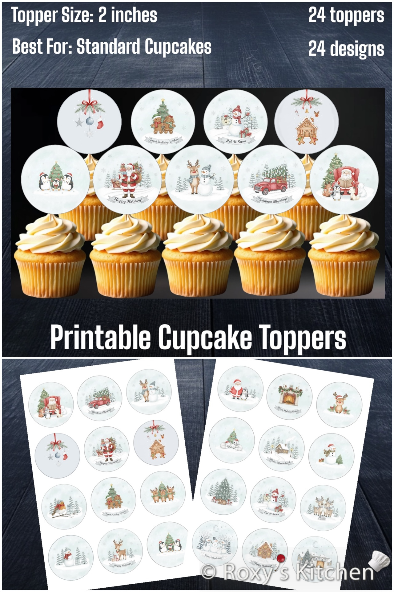 Printable Christmas Cupcake Toppers (2'') - 24 Designs, Serene Christmas Collection